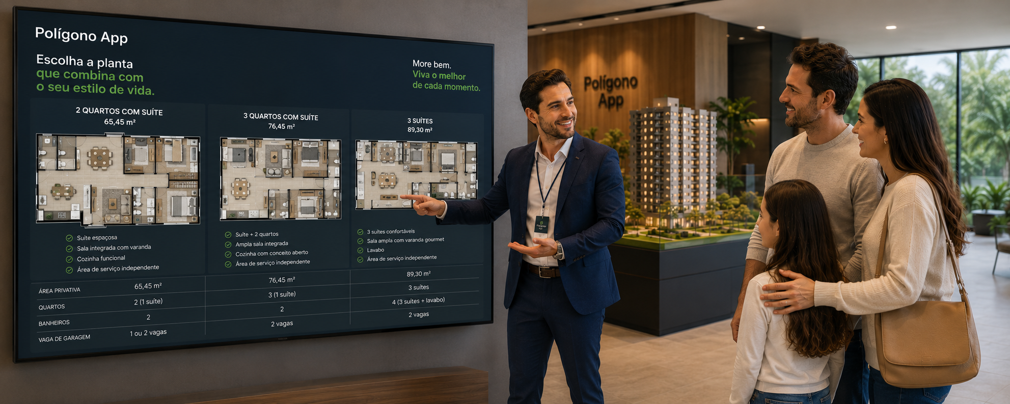Corretor apresentando empreendimento com o PoligonoApp em totem digital